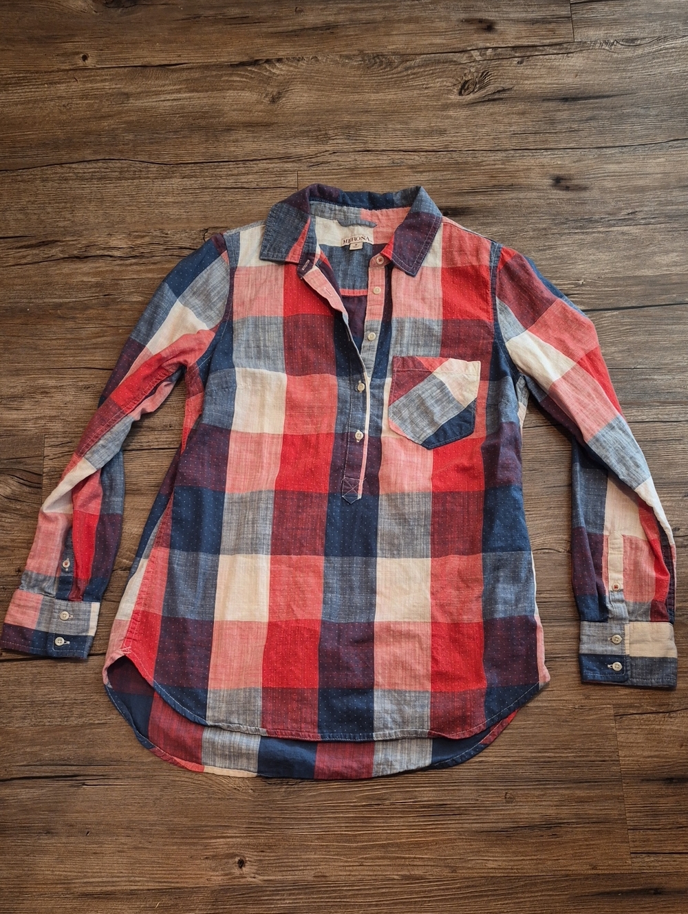 Merona Red, Blue & White Plaid Button-Down Tunic